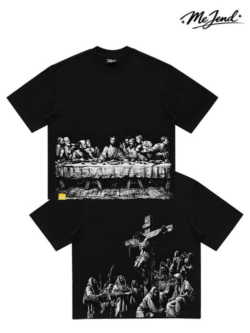 Black Heavyweight Cropped T-Shirt with Last Supper and Crucifixion Prints [YQT:ML-260918-005:f6c8e88994a790ef]