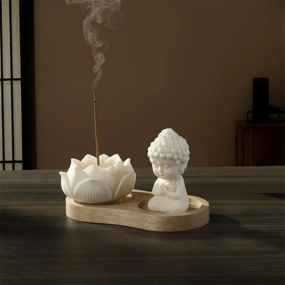 Lotus Incense Stick Holder with Praying Buddha Figurine and Wooden Tray [YQT:ML-260926-001:5543120a2fef140e]