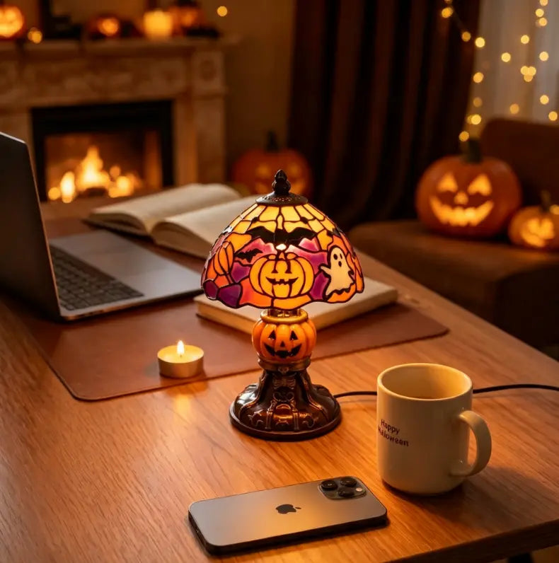 Vintage Halloween Table Lamp with Pumpkin, Ghost, Bat and Black Cat Designs [YQT:ML-260924-004:77974e0ba3e434a7]
