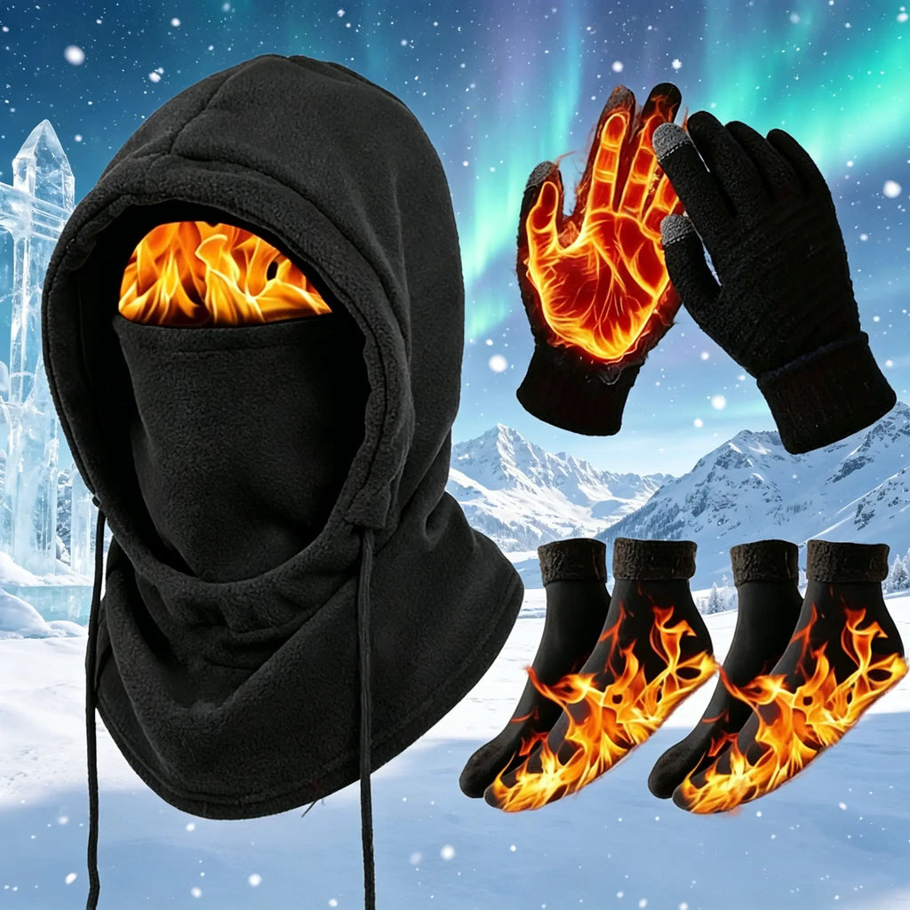 Black Winter Accessory Set with Hooded Face Cover and Knit Gloves [YQT:ML-260921-001:b275ade66a16a569]