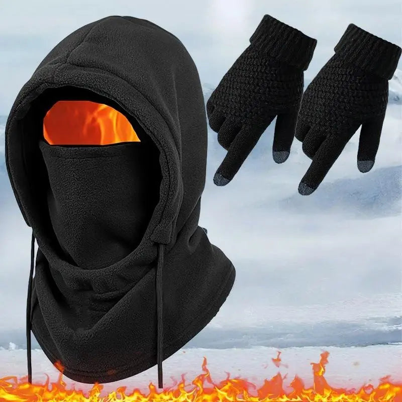 Black Winter Accessory Set with Hooded Face Cover and Knit Gloves [YQT:ML-260921-001:575e1a8e049434b7]