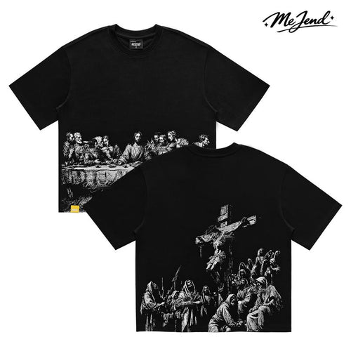 Black Heavyweight Cropped T-Shirt with Last Supper and Crucifixion Prints [YQT:ML-260918-005:f41ff8e1ed9591a8]
