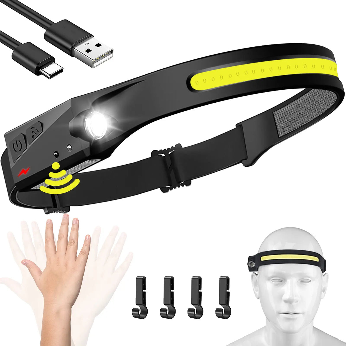 Rechargeable LED Headlamp with Wide Beam, Motion Sensor and Adjustable Headband [YQT:ML-260924-003:653b2cef98a4e7ce]