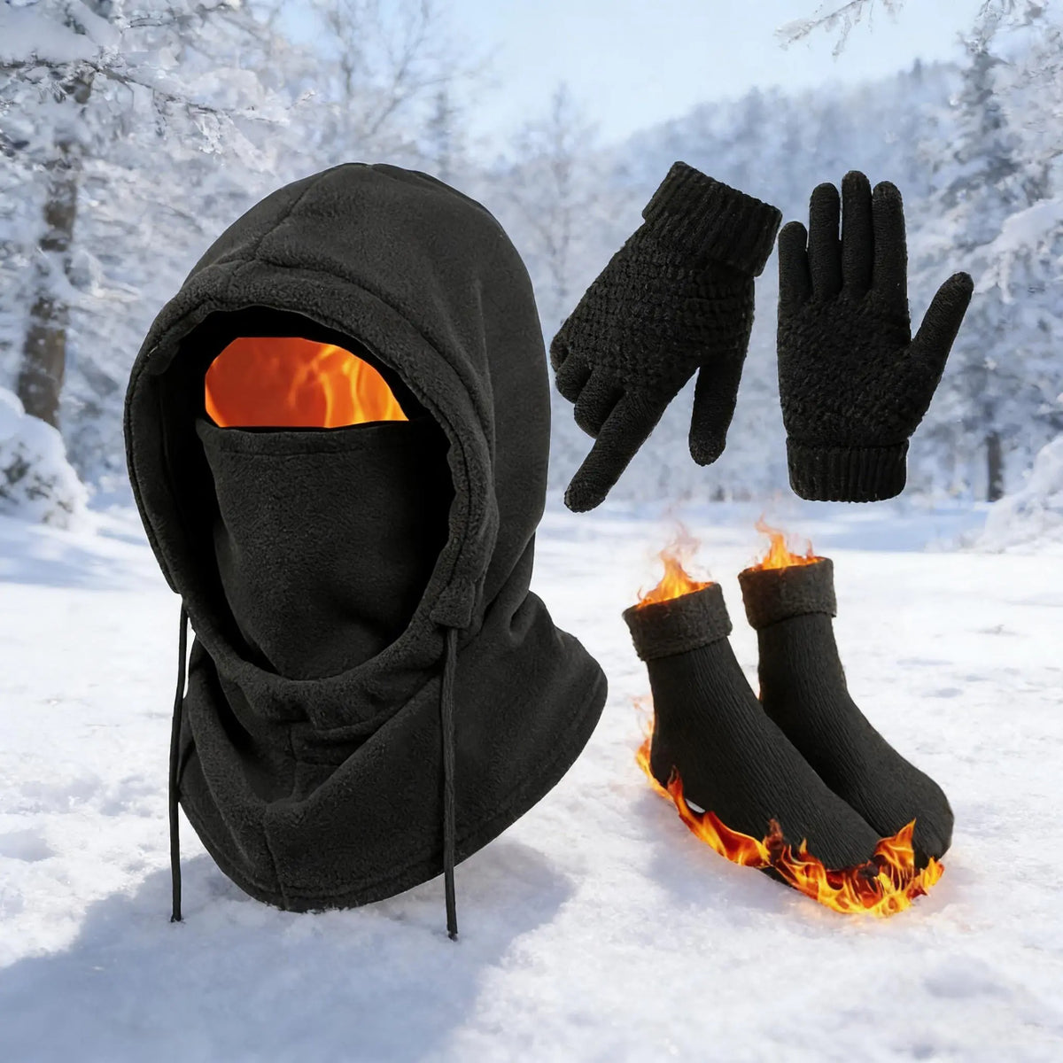 Black Winter Accessory Set with Hooded Face Cover and Knit Gloves [YQT:ML-260921-001:56d0ea812e1b8d23]