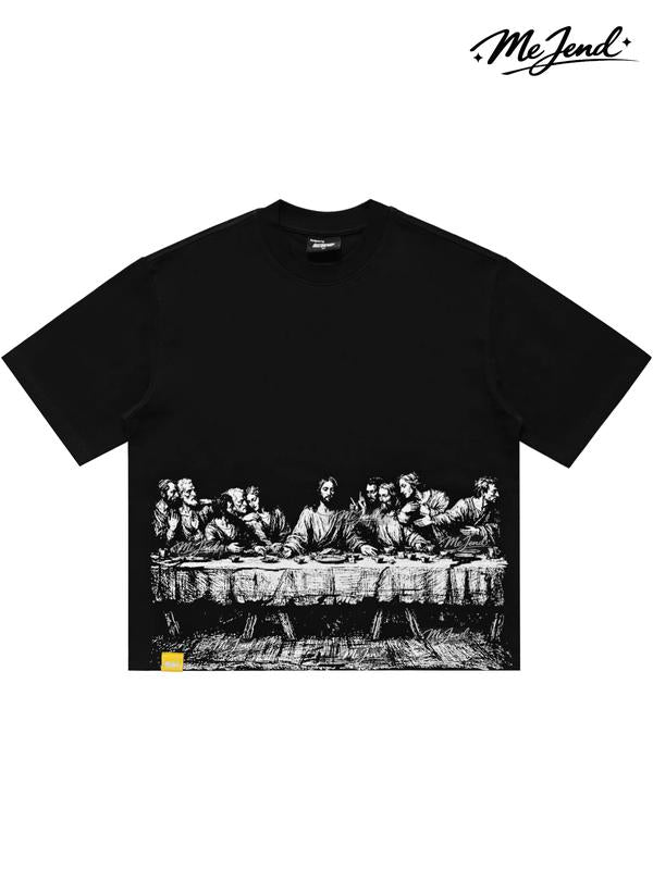 Black Heavyweight Cropped T-Shirt with Last Supper and Crucifixion Prints [YQT:ML-260918-005:3f2bc196e979456f]