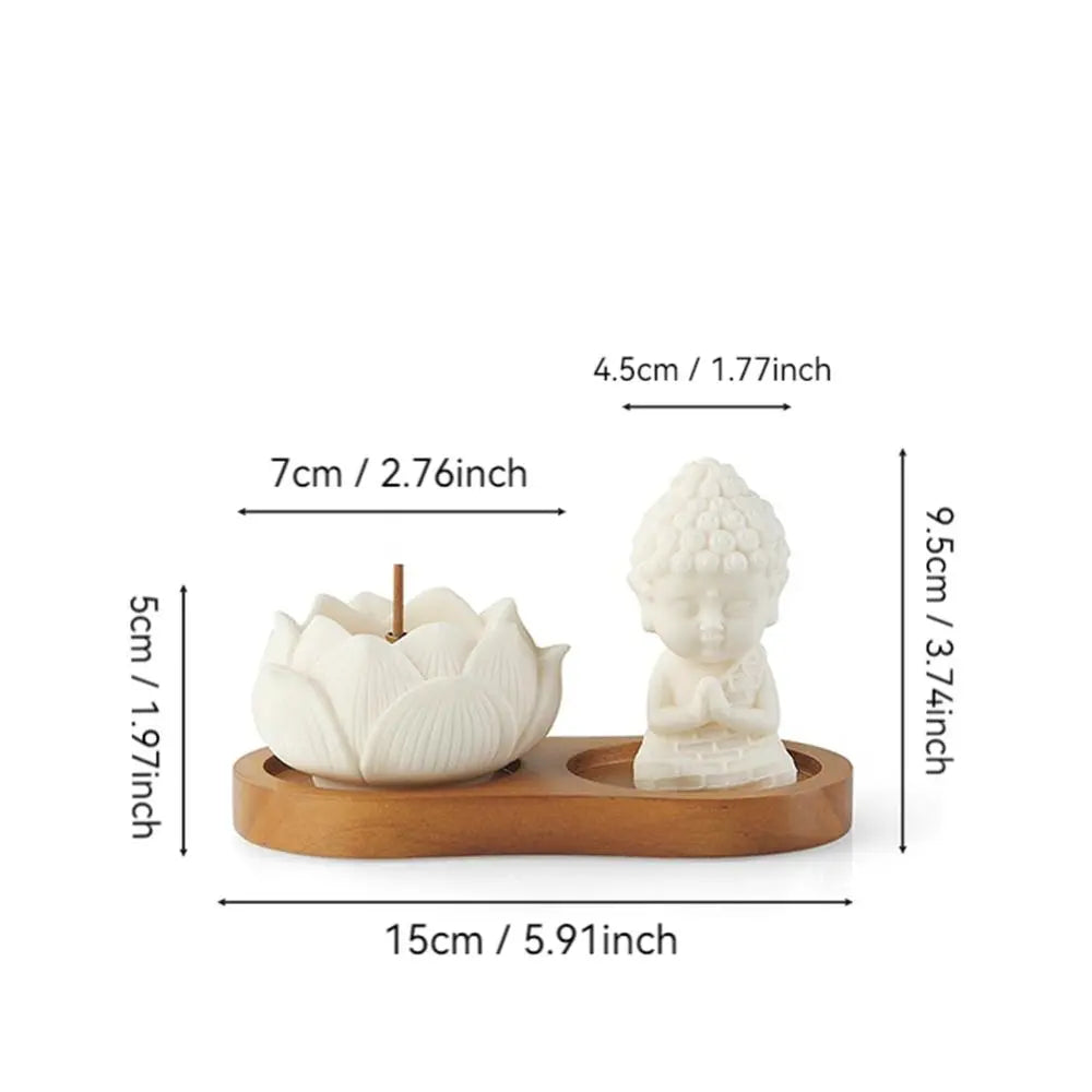 Lotus Incense Stick Holder with Praying Buddha Figurine and Wooden Tray [YQT:ML-260926-001:73b4de56dbac537b]