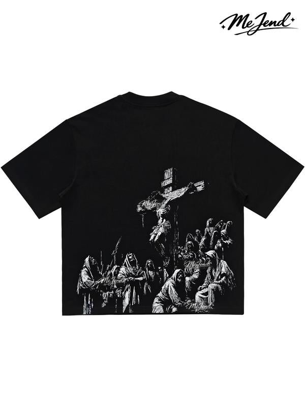 Black Heavyweight Cropped T-Shirt with Last Supper and Crucifixion Prints [YQT:ML-260918-005:05a6cca61638c49f]
