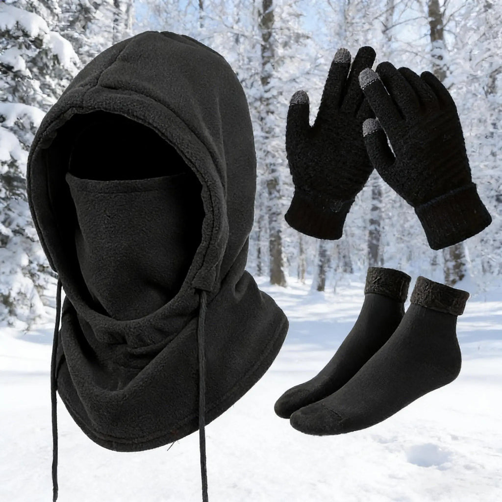 Black Winter Accessory Set with Hooded Face Cover and Knit Gloves [YQT:ML-260921-001:276789989dde41a8]