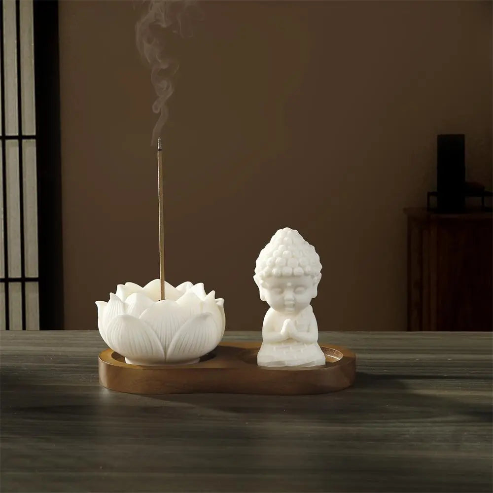 Lotus Incense Stick Holder with Praying Buddha Figurine and Wooden Tray [YQT:ML-260926-001:c132bddf24cabb79]