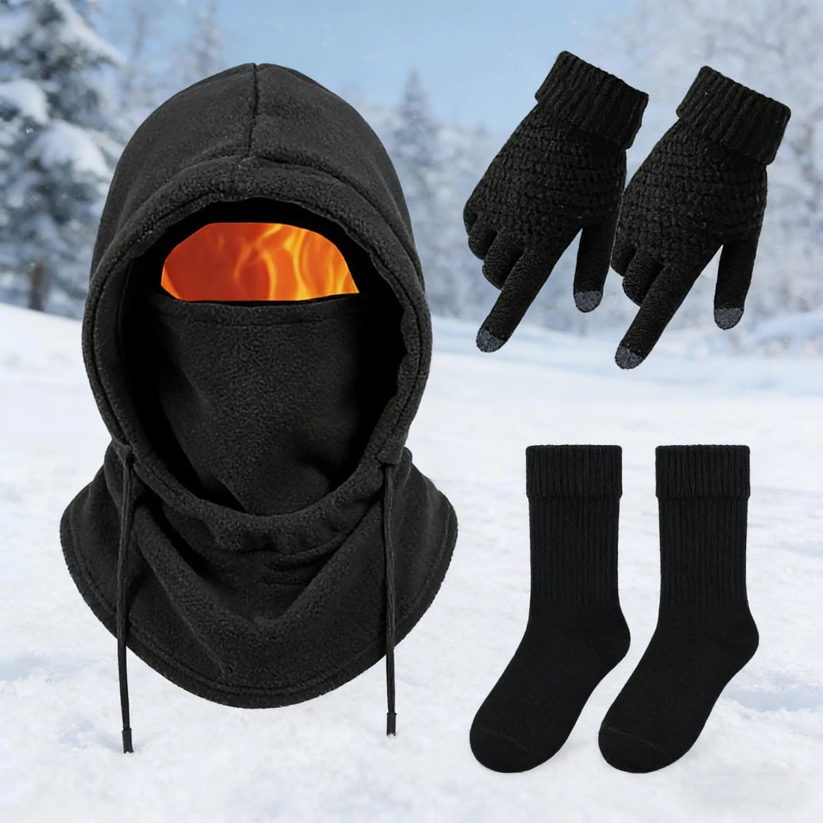 Black Winter Accessory Set with Hooded Face Cover and Knit Gloves [YQT:ML-260921-001:c391541e68977a3e]