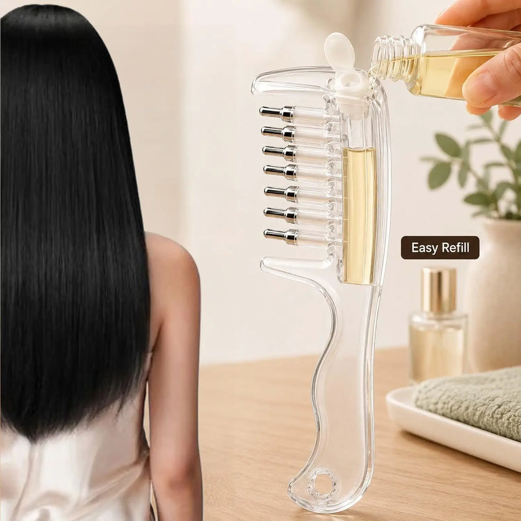 Refillable Scalp Oil Applicator Comb with Clear Reservoir and Curved Handle [YQT:ML-260918-009:d8eb6ced2eb097a5]