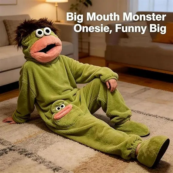 Oversized Big Mouth Monster Hooded Onesie Pajamas with Character Pocket [YQT:ML-260923-003:9847c012d2c2622b]