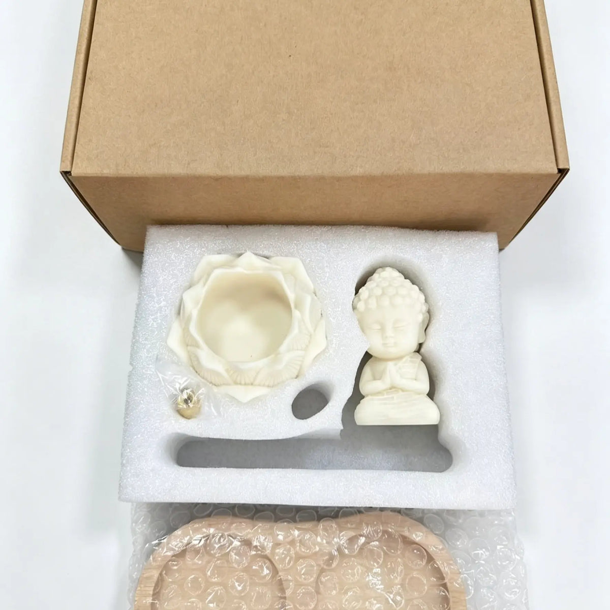 Lotus Incense Stick Holder with Praying Buddha Figurine and Wooden Tray [YQT:ML-260926-001:a5dfcde952f25d38]