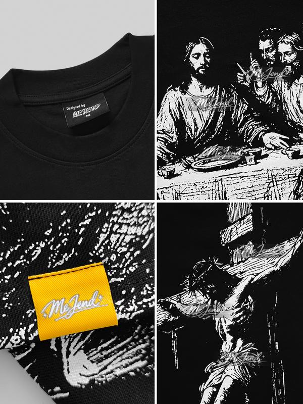 Black Heavyweight Cropped T-Shirt with Last Supper and Crucifixion Prints [YQT:ML-260918-005:efe8d43e1e183cd5]