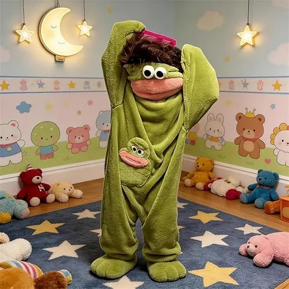 Oversized Big Mouth Monster Hooded Onesie Pajamas with Character Pocket [YQT:ML-260923-003:fb9bbb1495d3d4b5]