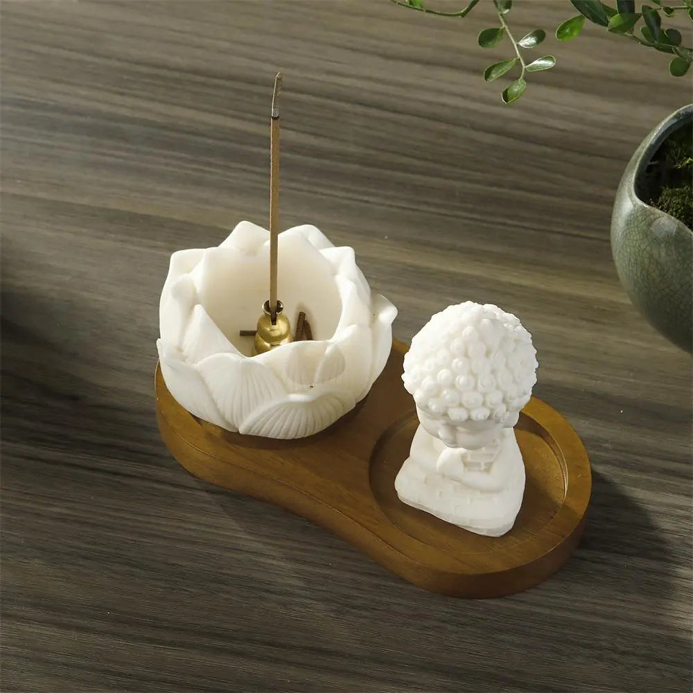 Lotus Incense Stick Holder with Praying Buddha Figurine and Wooden Tray [YQT:ML-260926-001:232038fa28e7ea50]