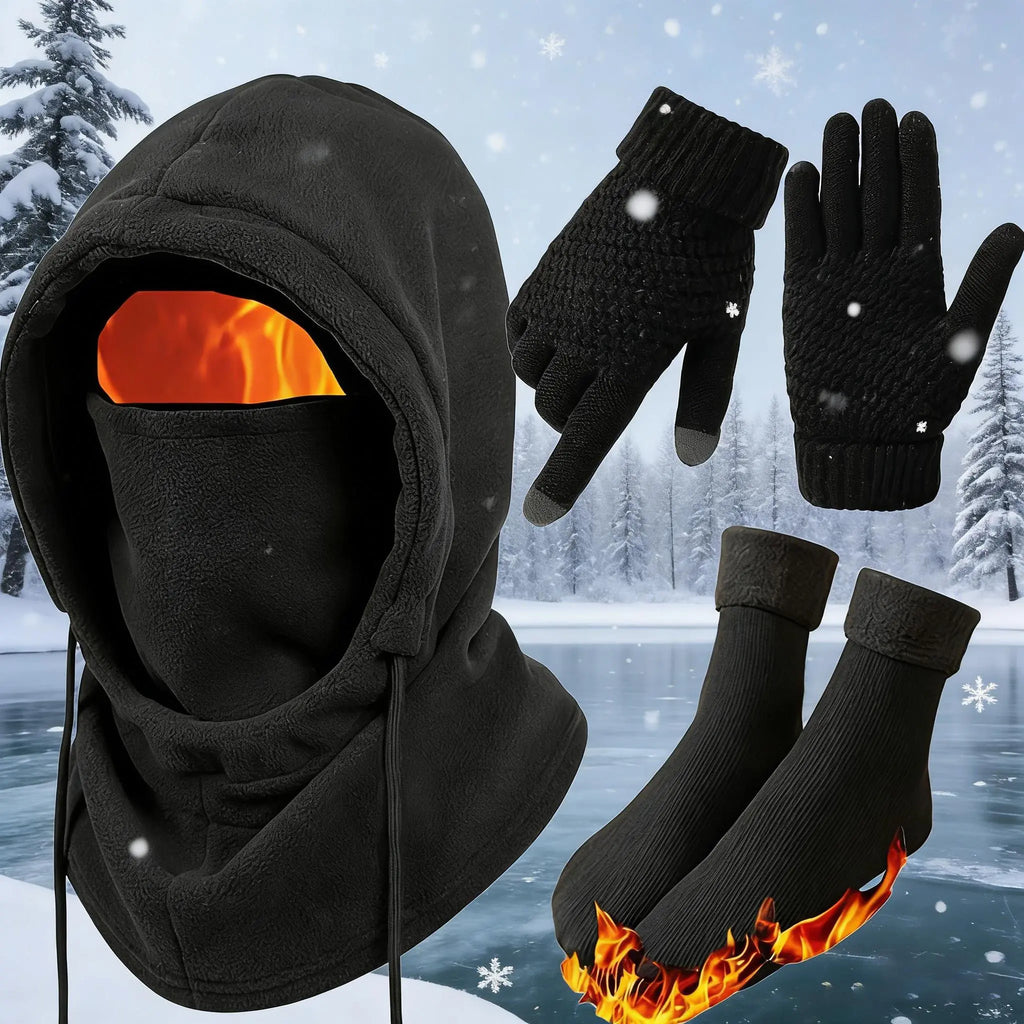 Black Winter Accessory Set with Hooded Face Cover and Knit Gloves [YQT:ML-260921-001:bfc7c01de022f47a]