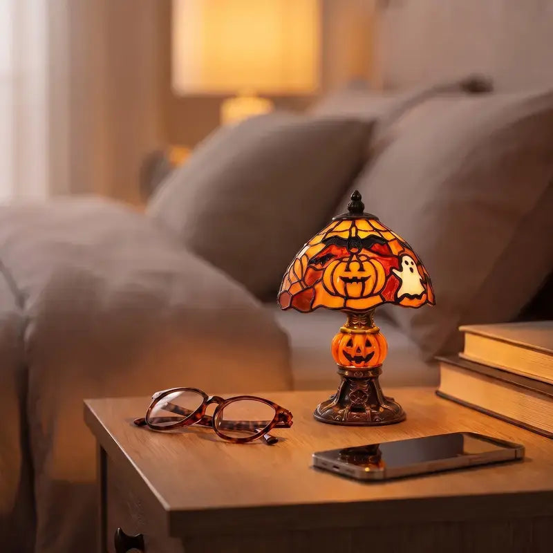 Vintage Halloween Table Lamp with Pumpkin, Ghost, Bat and Black Cat Designs [YQT:ML-260924-004:978291903d95a57f]