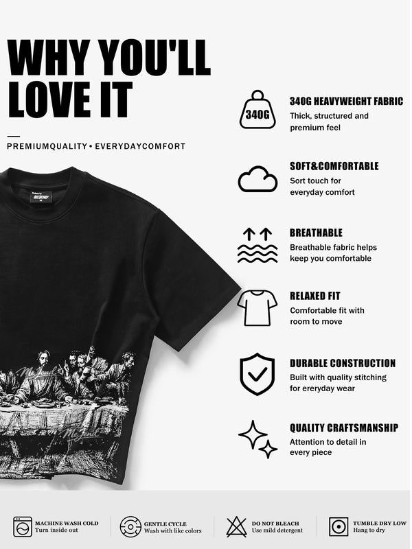 Black Heavyweight Cropped T-Shirt with Last Supper and Crucifixion Prints [YQT:ML-260918-005:b63ceb8f7433f73c]