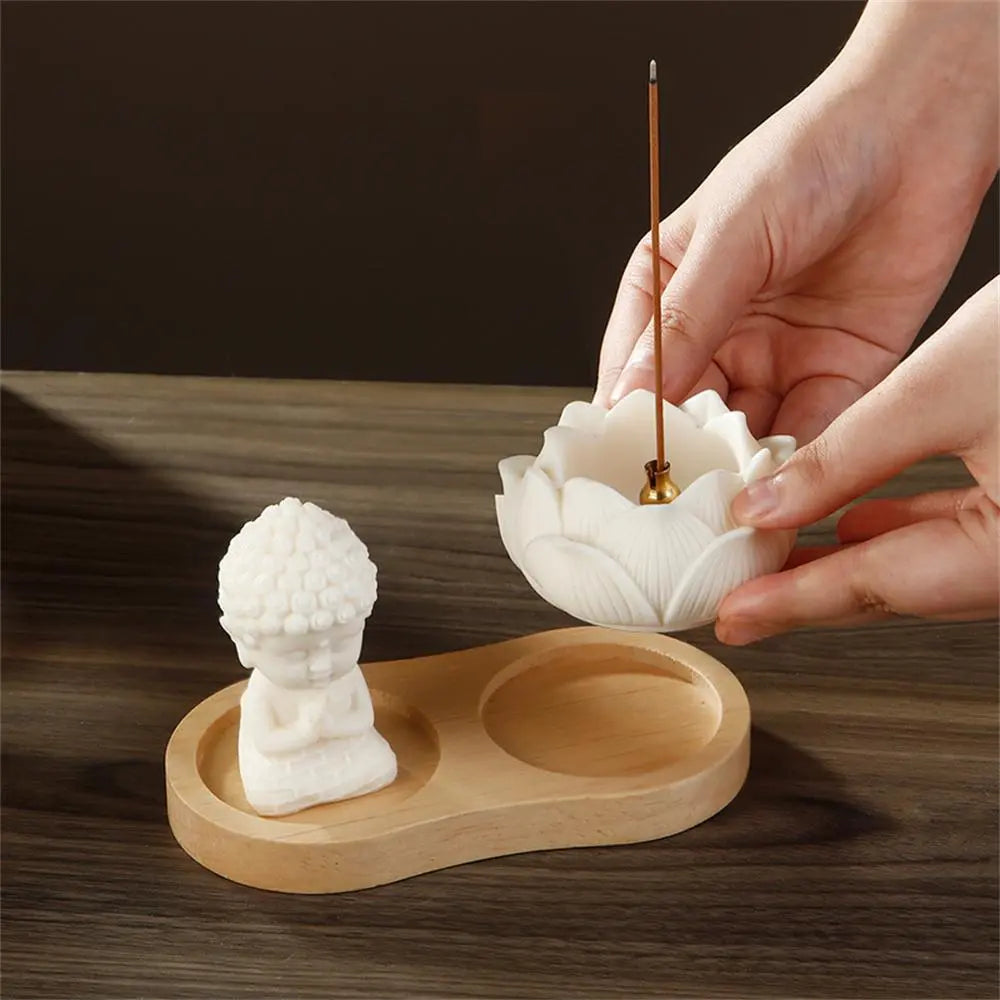 Lotus Incense Stick Holder with Praying Buddha Figurine and Wooden Tray [YQT:ML-260926-001:e5ee4faabaae2fce]