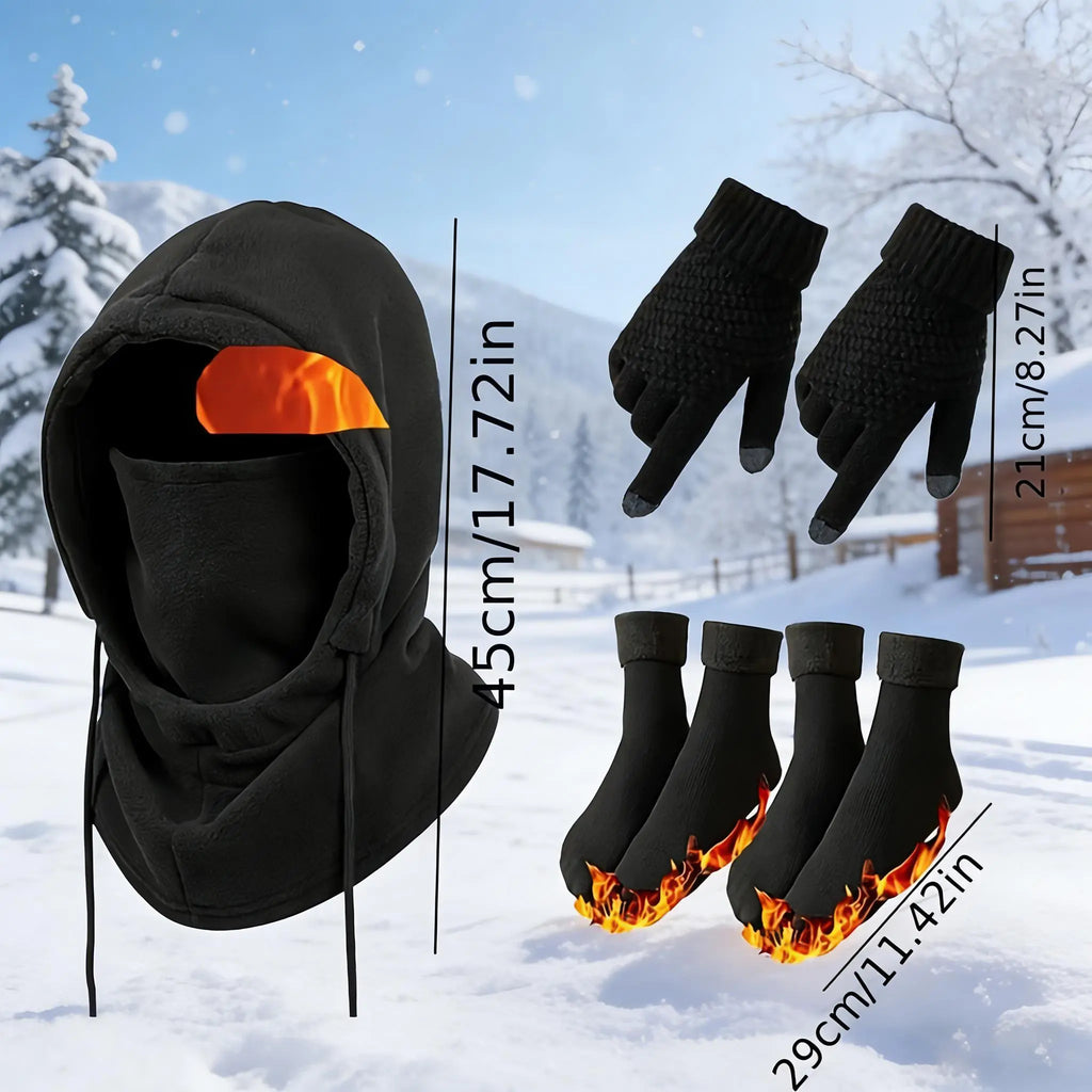 Black Winter Accessory Set with Hooded Face Cover and Knit Gloves [YQT:ML-260921-001:c8021e5bcf9ef46a]
