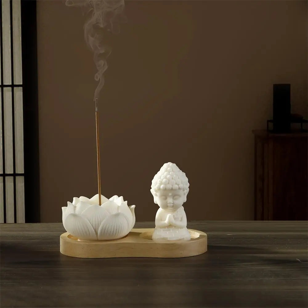 Lotus Incense Stick Holder with Praying Buddha Figurine and Wooden Tray [YQT:ML-260926-001:859cb70cce24e635]