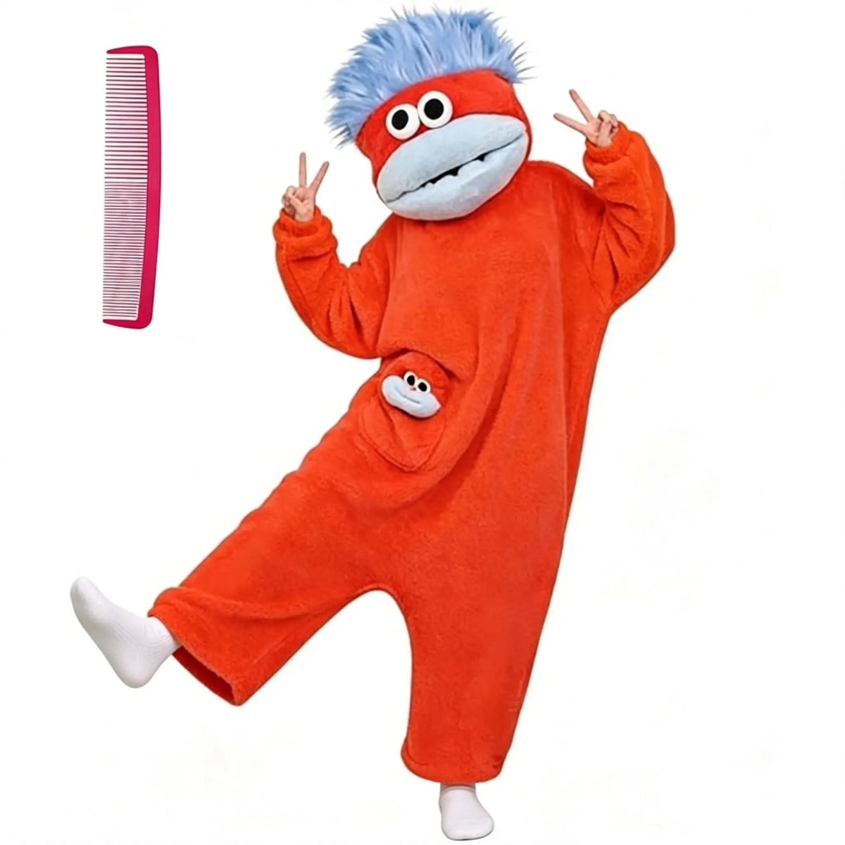 Oversized Big Mouth Monster Hooded Onesie Pajamas with Character Pocket [YQT:ML-260923-003:90e0b2c8704e4fb4]