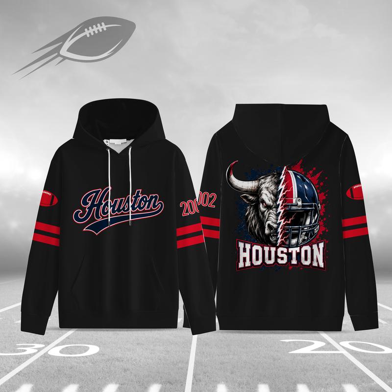 Unisex Black Football Graphic Pullover Hoodie with Front Script and Back Helmet Art [YQT:ML-260918-004:03c7205e2e71e652]