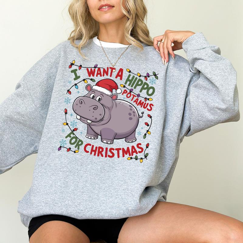 Cute A Hippopotamus For Christmas Shirt, Hippopotamus Christmas Lights Shirts, I Want  A Hippo Potamus For Christmas Hoodie Clothing Cotton