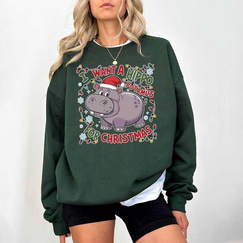 Cute A Hippopotamus For Christmas Shirt, Hippopotamus Christmas Lights Shirts, I Want  A Hippo Potamus For Christmas Hoodie Clothing Cotton